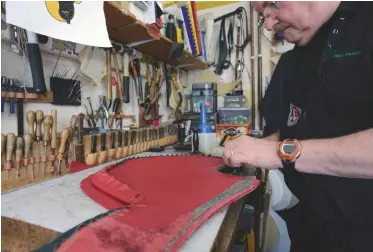  ??  ?? Left: the interior at Bentleys in Lower Sloane Street, where founder Tim Bent keeps antique English leather items in top condition for sale. Above: hand-crafting a leather saddle at Gibson Saddlers in Newmarket