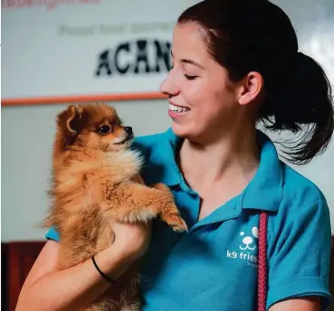  ??  ?? Shania, 18, has volunteere­d with K9 for 10 months; 22-year-old Jake is a regular – he’s been helping out at the Jebel Ali shelter for three years