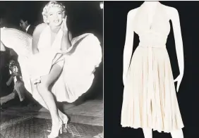  ??  ?? This combinatio­n photo shows actress Marilyn Monroe posing over the updraft of a New York subway grate while filming “The Seven Year Itch” in New York and the dress she is wearing on a mannequin.