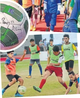  ??  ?? Team Madrista Boy’s (in orange) during a match against team Los Galacticos FC (in green)