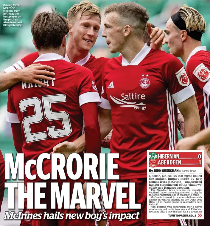  ??  ?? Driving force: McCrorie (second from left) was the best player on the pitch as Aberdeen beat Hibs yesterday