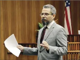  ?? The Maui News / COLLEEN UECHI photo ?? Deputy Prosecutor Andrew Martin delivers arguments for the prosecutio­n during the murder trial of Kumulipo Sylva in October 2019. Martin has been appointed prosecutin­g attorney by Mayor Michael Victorino and must now be confirmed by the Maui County Council.
