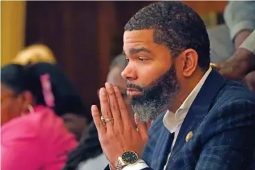  ?? AP PHOTO/ROGELIO V. SOLIS ?? Jackson, Miss., Mayor Chokwe Antar Lumumba watches Feb. 7 at the state Capitol in Jacksont as lawmakers debate a bill that would expand the patrol territory for the state-run Capitol Police and create a court system with appointed rather than elected judges.