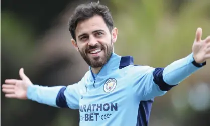  ?? Photograph: Victoria Haydn/Manchester City FC/Getty Images ?? Bernardo Silva during a training session in Lisbon, in the lead-up to Manchester City’s Champions League quarter-final against Lyon on Saturday.