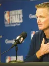  ?? MEYER/TNS NHAT V. ?? Golden State Warriors head coach and former Bull Steve Kerr talks about gun violence during a news conference on Tuesday.