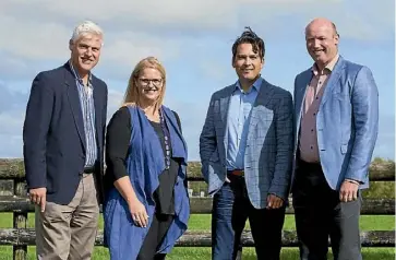  ??  ?? Minister of Transport Simon Bridges (centre), with National MPs Tim Macindoe, Louise Upston and David Bennett, at the announceme­nt the new, four-lane road from Cambridge to Piarere.