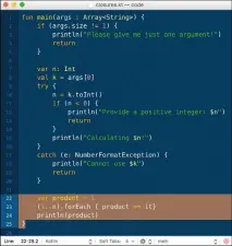  ??  ?? Here’s the Kotlin code of the closures.kt utility that calculates the factorial of a positive integer, using a very handy closure.