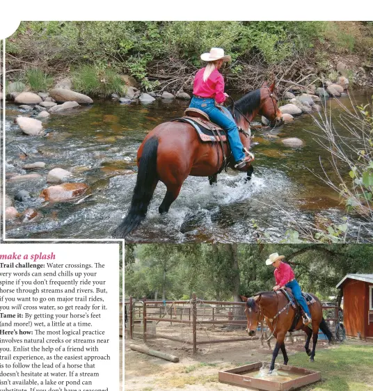  ??  ?? If possible, practice water crossings on real streams (top), giving your horse time to learn
the water won’t hurt him. (Following an experience­d trail horse is a huge help here, if need
be.) You can also begin your water work at home, with an...