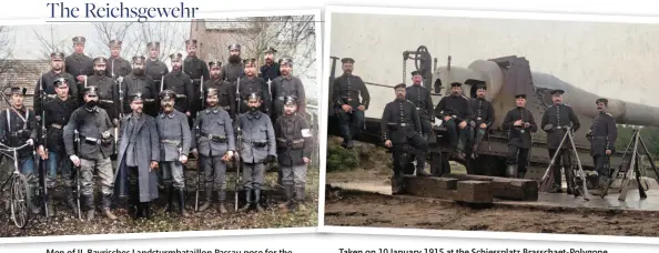  ??  ?? Men of II. Bayrisches Landsturmb­ataillon Passau pose for the camera in Petrików, Russian Poland, on 30 December 1914. Note the use of the short-bladed Seitengewe­hre 71/84 widely favoured in Bavaria on their Gewehre 88/S
Taken on 10 January 1915 at the Schiesspla­tz Brasschaet-Polygone, a proving range in occupied Belgium, these artillerym­en have stacked what close inspection reveals to be Gewehre 88/S