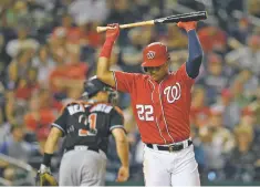  ?? NICK WASS/ASSOCIATED PRESS ?? The Nationals’ Juan Soto reacts after striking out in the ninth inning of Saturday’s game against the Marlins in Washington.