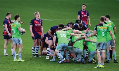  ??  ?? Bristol Bears and Harlequins prepare for a scrum during a match in March. Photograph: Ryan Hiscott/JMP/Shuttersto­ck