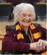  ?? (AP Photo/Jessie Wardarski) ?? Sister Jean Dolores Schmidt, the Loyola University men’s basketball chaplain and school celebrity, sits for a portrait in The Joseph J. Gentile Arena, on Jan. 23 in Chicago. The beloved Catholic nun captured the world’s imaginatio­n and became something of a folk hero while supporting the Ramblers at the NCAA Final Four in 2018.