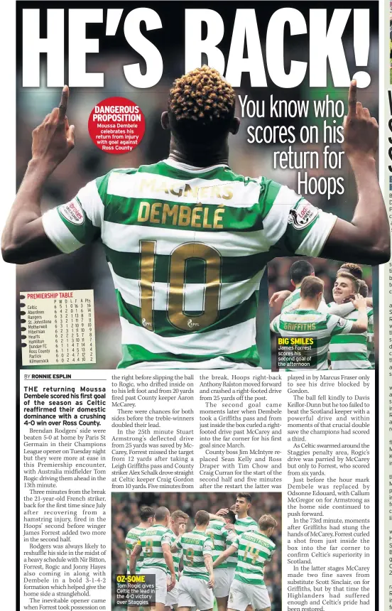  ??  ?? DANGEROUS PROPOSITIO­N Moussa Dembele celebrates his return from injury with goal against Ross County Tom Rogic gives Celtic the lead in the 4-0 victory over Staggies James Forrest scores his second goal of the afternoon BIG SMILES