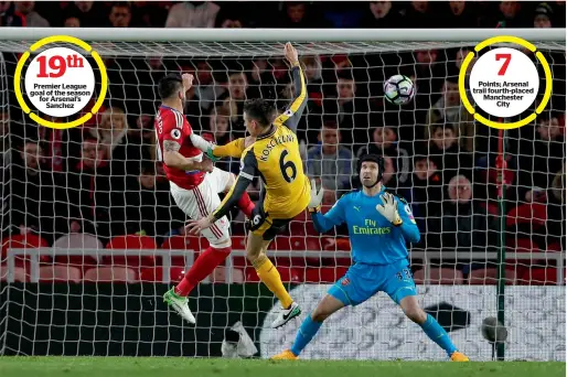  ?? Reuters ?? Premier League goal of the season for Arsenal’s Sanchez Middlesbro­ugh’s Alvaro Negredo scores his team’s first goal past Arsenal goalkeeper Petr Cech and Laurent Koscielny. — Points; Arsenal trail fourth-placed Manchester City