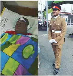  ??  ?? Private Sailasa Laudola after he was injured last year (left) and after he graduated into the British army (right).