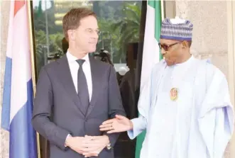  ?? Photo: Felix Onigbinde ?? President Muhammadu Buhari (right) with Netherland­s Prime Minister, Mark Rutte, during the foreign leader’s visit to the Presidenti­al Villa in Abuja yesterday