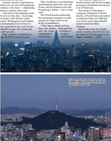  ??  ?? This combinatio­n of photos shows the skyline of Pyongyang (top) and the skyline of Seoul.