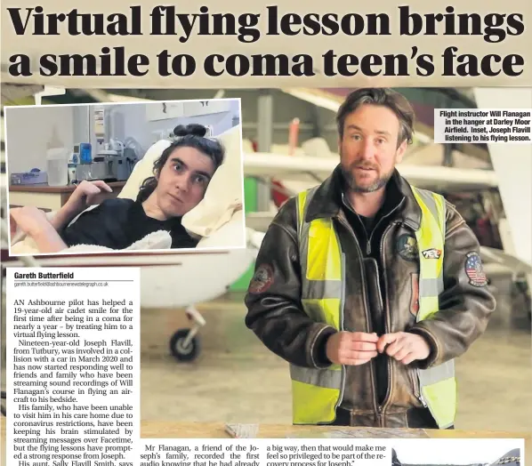  ??  ?? Flight instructor Will Flanagan in the hanger at Darley Moor Airfield. Inset, Joseph Flavill listening to his flying lesson.