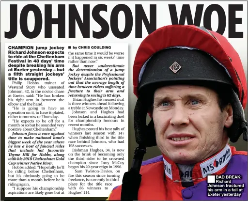  ??  ?? ■
BAD BREAK: Richard Johnson fractured his arm in a fall at Exeter yesterday