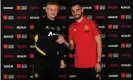  ??  ?? Bruno Fernandes is welcomed by Manchester United’s manager, Ole Gunnar Solskjaer. Photograph: Manchester United via Getty Images