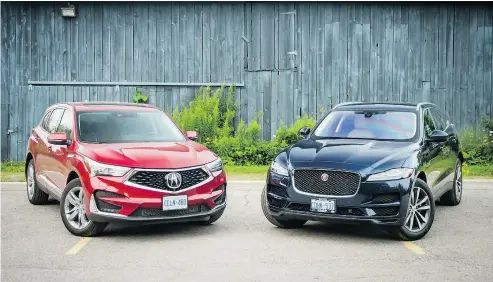  ?? NICK TRAGIANIS / DRIVING.CA ?? The 2019 Acura RDX, left, and the 2018 Jaguar F-Pace go head to head in Driving.ca’s Dude Said, Punk Said.