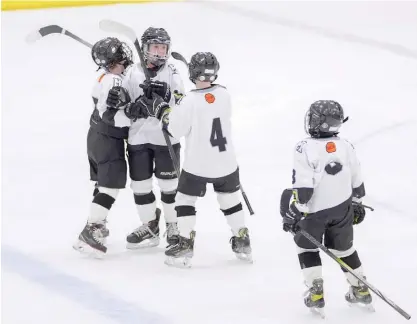  ?? ABBIE PARR/AP ?? Hockey players celebrate after scoring a goal during a 10-and-under youth hockey game on Feb. 4 in Minneapoli­s.