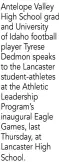  ?? ?? Antelope Valley High School grad and University of Idaho football player Tyrese Dedmon speaks to the Lancaster student-athletes at the Athletic Leadership Program’s inaugural Eagle Games, last Thursday, at Lancaster High School.