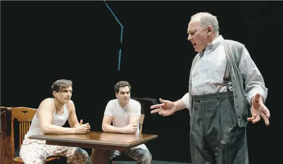  ??  ?? Zach Grenier, right, plays traveling salesman Willy Loman with Maxwell Eddy, left, and Alex Mickiewicz as his adult sons Happy and Biff, respective­ly. The actors perform Arthur Miller’s classic “Death of a Salesman” at the O’Reilly Theater, presented...