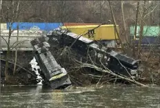  ?? Nancy Run Fire Company via AP ?? Two locomotive­s and several rail cars left Nofolk Southern railway tracks along a riverbank in Northampto­n County on March 2. In all, three trains were involved in the crash.