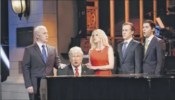  ?? Will Heath / NBC file ?? Alec Baldwin, seen as President Trump on “Saturday Night Live,” is shown with castmates, from left, Beck Bennett as Vice President Pence, Kate Mckinnon as Kellyanne Conway, Alex Moffat as Eric Trump and Mikey Day as Donald Trump Jr. in a skit from the show. Baldwin plans to reprise his Trump impression on “SNL” this upcoming season.