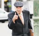  ??  ?? Tony Serra, attorney for Ghost Ship defendant Derick Almena, gives a thumbsup as he walks to court.