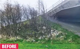  ??  ?? Blighted: Grass embankment spoiled by plastic sheeting and litter