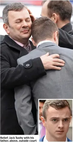  ??  ?? Relief: Jack Tuohy with his father, above, outside court