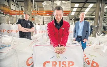  ?? Picture: Mike Wilkinson. ?? From left: Ed Evans, head brewer at Cold Town Brewery; Colin Johnston, Scottish Craft sales manager at Crisp Malt; and John Hutcheson, Leckerston­e Farm.