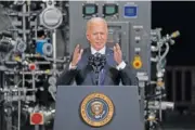  ?? AP PHOTO/EVAN VUCCI ?? President Joe Biden speaks after a tour of a Pfizer manufactur­ing site in Portage, Mich., on Friday.