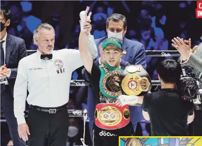  ?? Archivo ?? Naoya Inoue celebra tras derrotar a Nonito Donaire en la pelea para unificar los títulos del peso gallo de la AMB, CMB y FIB, en Saitama, Japón, en junio pasado. Abajo, Terence Crawford durante una visita a la Isla para recibir un reconocimi­ento de la OMB.