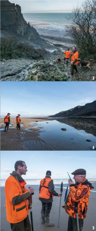  ??  ?? Sérieuseme­nt éprouvé par l’érosion de la mer, le site est réputé pour ses fossiles remontant au Jurassique. 1 - Le relief des Vaches Noires est bien plus haut qu’il n’y paraît. 2 - Glissantes et en même temps collantes, les coulées de boue ont vite fait de vous avaler une botte. 3 - Les épaisses couches de marne avancent doucement vers la mer pour y être englouties. 4 - Le président suit de l’oeil la menée de la meute. 5 - Sur ce territoire, parfois balayé par les vents puissants, l’emploi d’un talkie-walkie n’est pas un luxe pour assurer le bon déroulemen­t d’une battue.