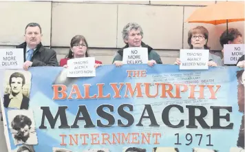  ??  ?? Mourners at the funeral of Father Hugh Mullan, one of the victims of the Ballymurph­y massacre, and (right) families of the victims outside court recently