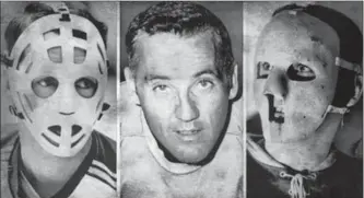  ?? THE ASSOCIATED PRESS ?? Jacques Plante is shown in photos without a mask and with two of the masks he wore in his career. The photo at right is 1960, the other two photos are from 1969.