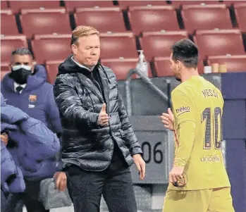  ?? /EFE. ?? Ronald Koeman, director técnico del club azulgrana, convenció a Leo Messi (10) de quedarse en Barcelona y tomar un descanso ante la saturada agenda de partidos.