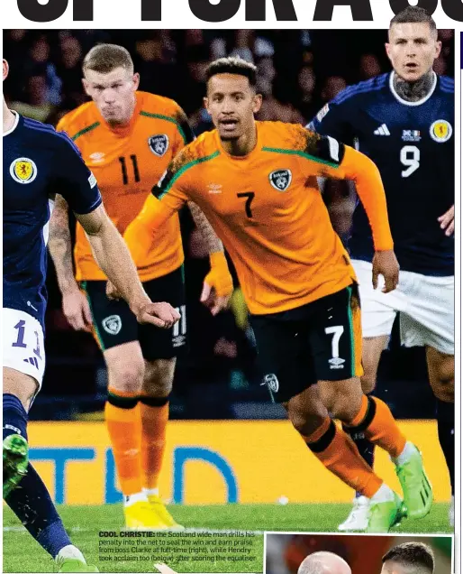  ?? ?? COOL CHRISTIE: the Scotland wide man drills his penalty into the net to seal the win and earn praise from boss Clarke at full-time (right), while Hendry took acclaim too (below) after scoring the equaliser