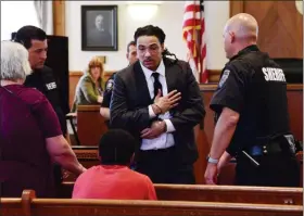  ?? TANIA BARRICKLO — DAILY FREEMAN FILE ?? JULY 26: Maurice Stansberry Sr., center, is shown in Ulster County Court in Kingston after being convicted of second-degree murder for a December 2018 fatal shooting on Sawkill Road in the town of Ulster.