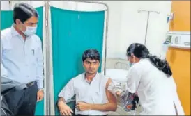  ?? SOURCED ?? GB Nagar district magistrate Suhas LY gets the vaccine shot in Noida.