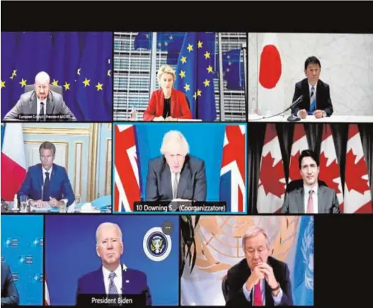  ?? // EFE ?? Un momento de la reunión virtual de los líderes del G-7 y los representa­ntes de la UE, la OTAN y la ONU