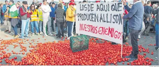  ?? ALBA FREIXAS ?? Agricultor­es protestand­o en el Puerto de Motril ante la entrada de tomate de terceros países en la UE.