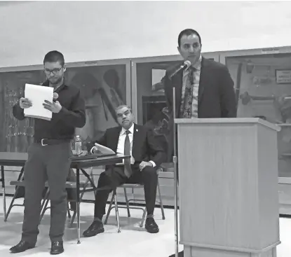  ?? JEROD MACDONALD-EVOY/THE REPUBLIC ?? Maricopa County Sheriff Paul Penzone speaks at a court-mandated community meeting in Guadalupe in January. Penzone acknowledg­ed that the town played a big part in his defeating Joe Arpaio, whose actions in Guadalupe strained residents’ relationsh­ip...