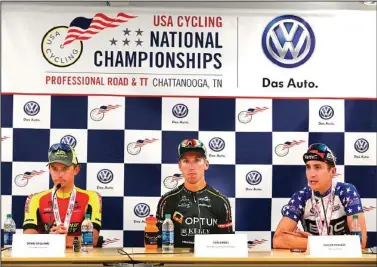  ?? Staff Photos by Erin O. Smith ?? David Williams, Tom Zirbel and Taylor Phinney face reporters in a news conference after the USA Cycling pro time trial championsh­ip Saturday. Phinney placed first, Zirbel second and Williams third.