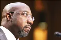  ?? EVELYN HOCKSTEIN/POOL VIA AP ?? U.S. Sen. Raphael Warnock, D-Ga., testifies during a Senate Judiciary Committee hearing on voting rights in Washington on April 20.