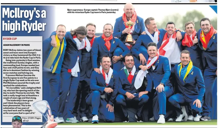  ??  ?? Bjorn supremacy: Europe captain Thomas Bjorn (centre) with his victorious Ryder Cup team in Paris yesterday