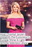  ??  ?? Host Chantal Janzen presents the Eurovision’s Europe Shine A Light remote television show.
